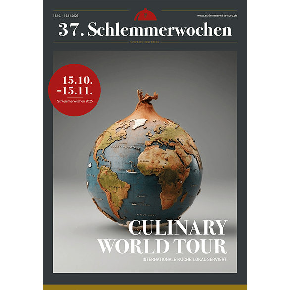 Titelseite des Magazins Schlemmerwochen 2025. Abgebildet ist ein Zwiebel, die sich um eine Weltkugel rankt.