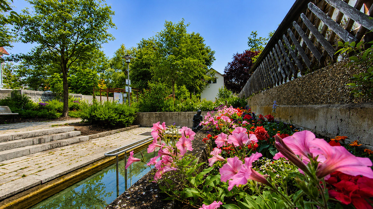 Kneippbecken mit Stufen und Skulptur am Ende, umrandet von rosa Blumen, im Hintergrund Bäume