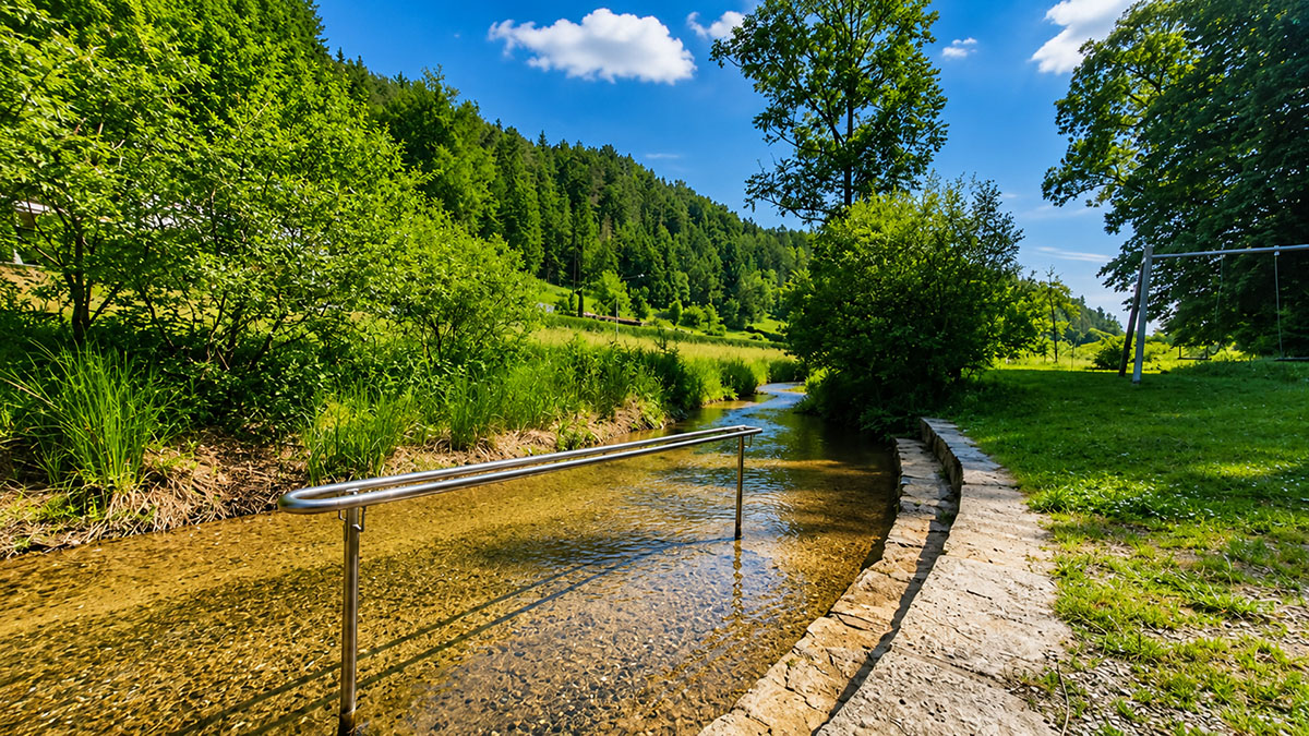 Kneippbecken im Bach inmitten grüner Natur. Im Hintergrund Wald, rechts daneben eine Schaukel.