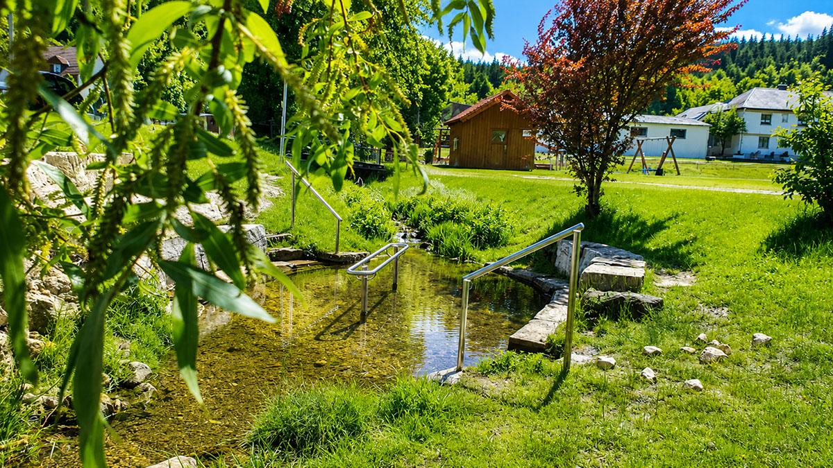 Kneippbecken im Bach mit Handläufen und Steinstufen inmitten einer grünen Wiese mit einzelnen Bäumen, dahinter Wohnhäuser